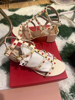 Valentino White Leather Studded Block Heel Sandals with Red Accents